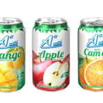metal cans with fruit juice